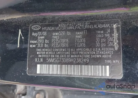 2009 Hyundai Santa Fe Gls from USA, damaged, VIN 5NMSG73D89H238249